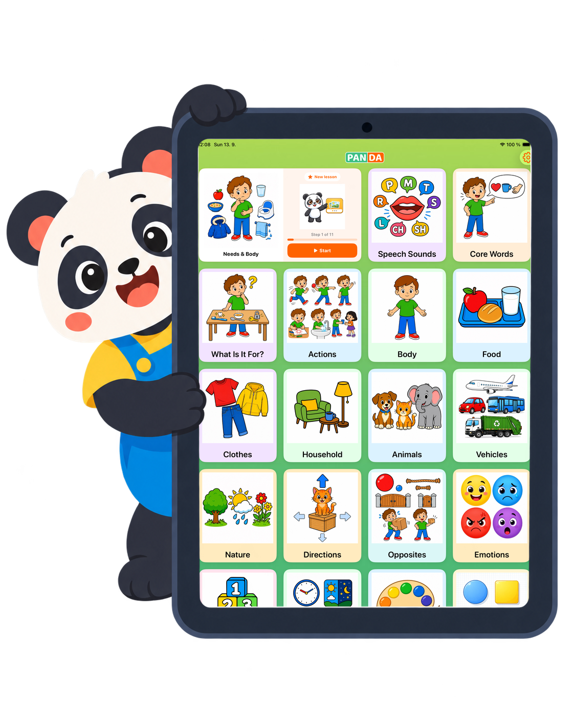 The PAN | DA panda holding an iPad showing the app home screen